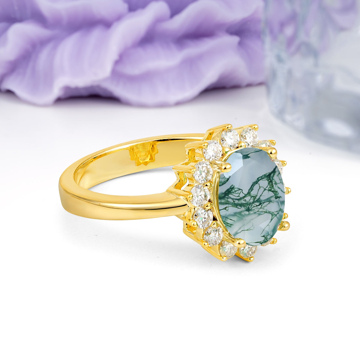 Luxury Classic 4-Prong Oval Cut Moss Agate Engagement Ring - Additional view