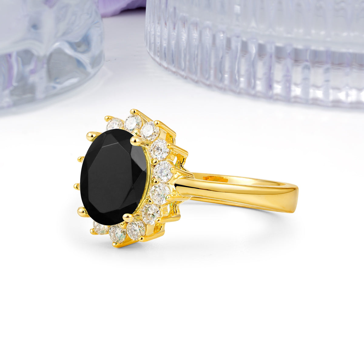 Luxury Classic 4-Prong Oval Cut Black Onyx Engagement Ring - Additional view