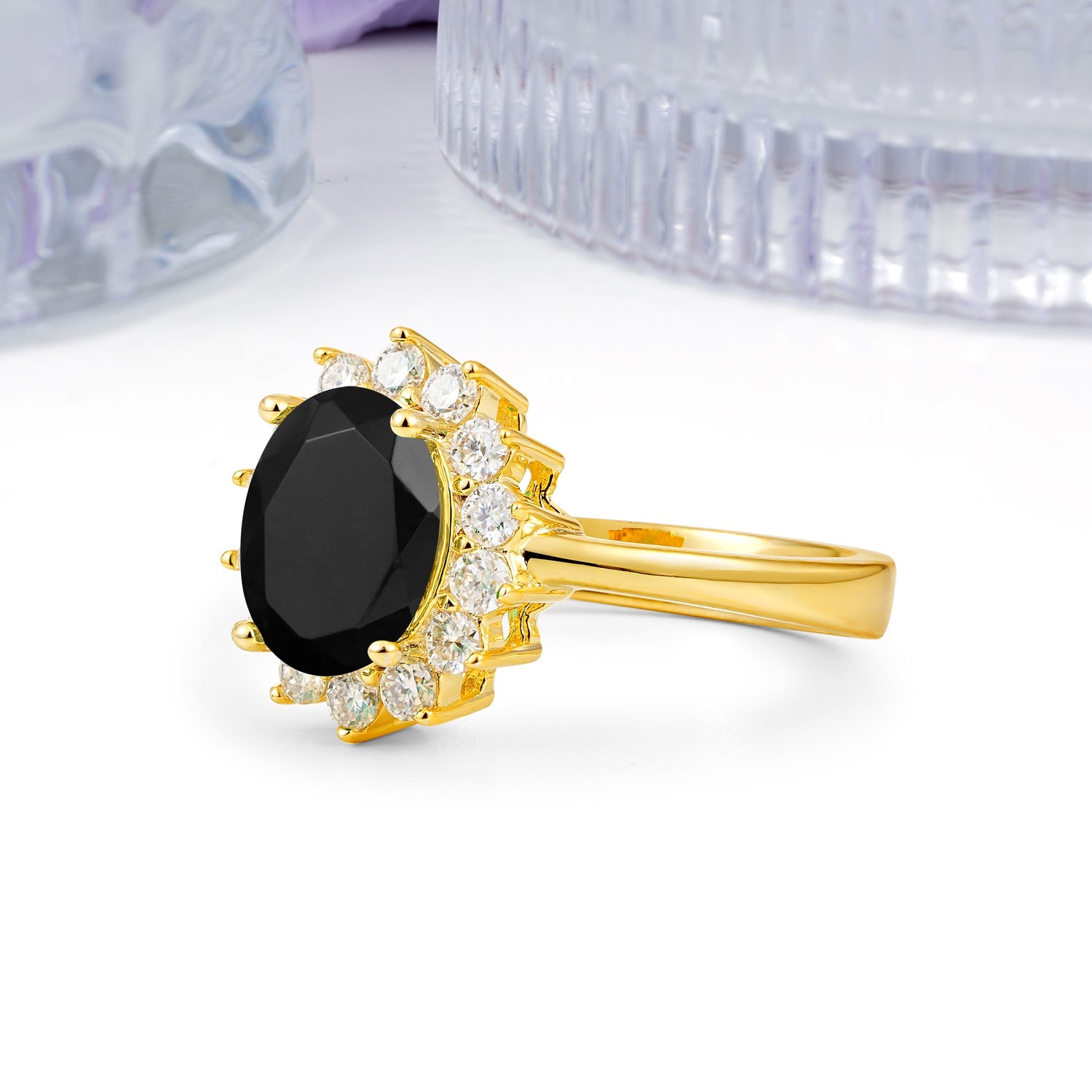 Luxury Classic 4-Prong Oval Cut Black Onyx Engagement Ring - Additional view