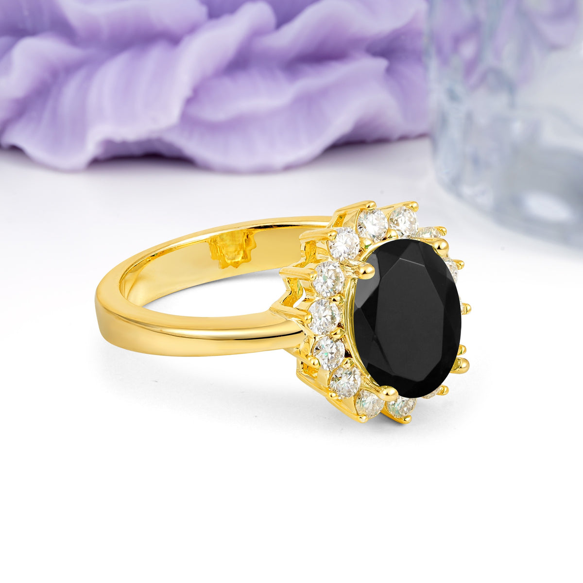 Luxury Classic 4-Prong Oval Cut Black Onyx Engagement Ring - Additional view