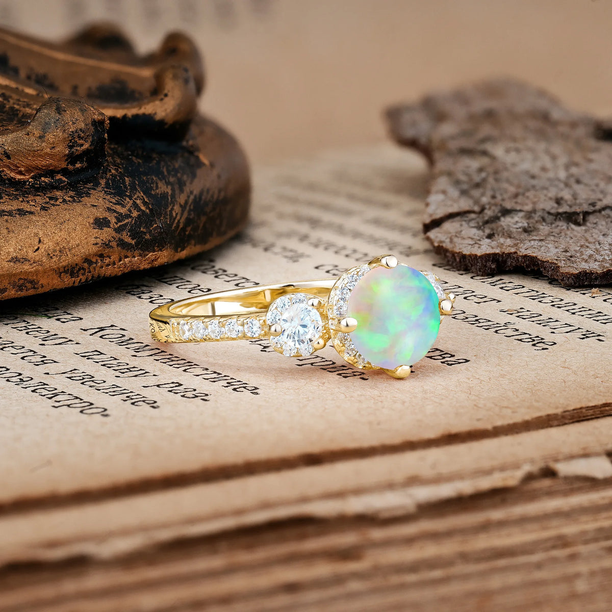 Luxurious and Dazzling 4 Prong Round Cut Fire Opal Engagement Ring
