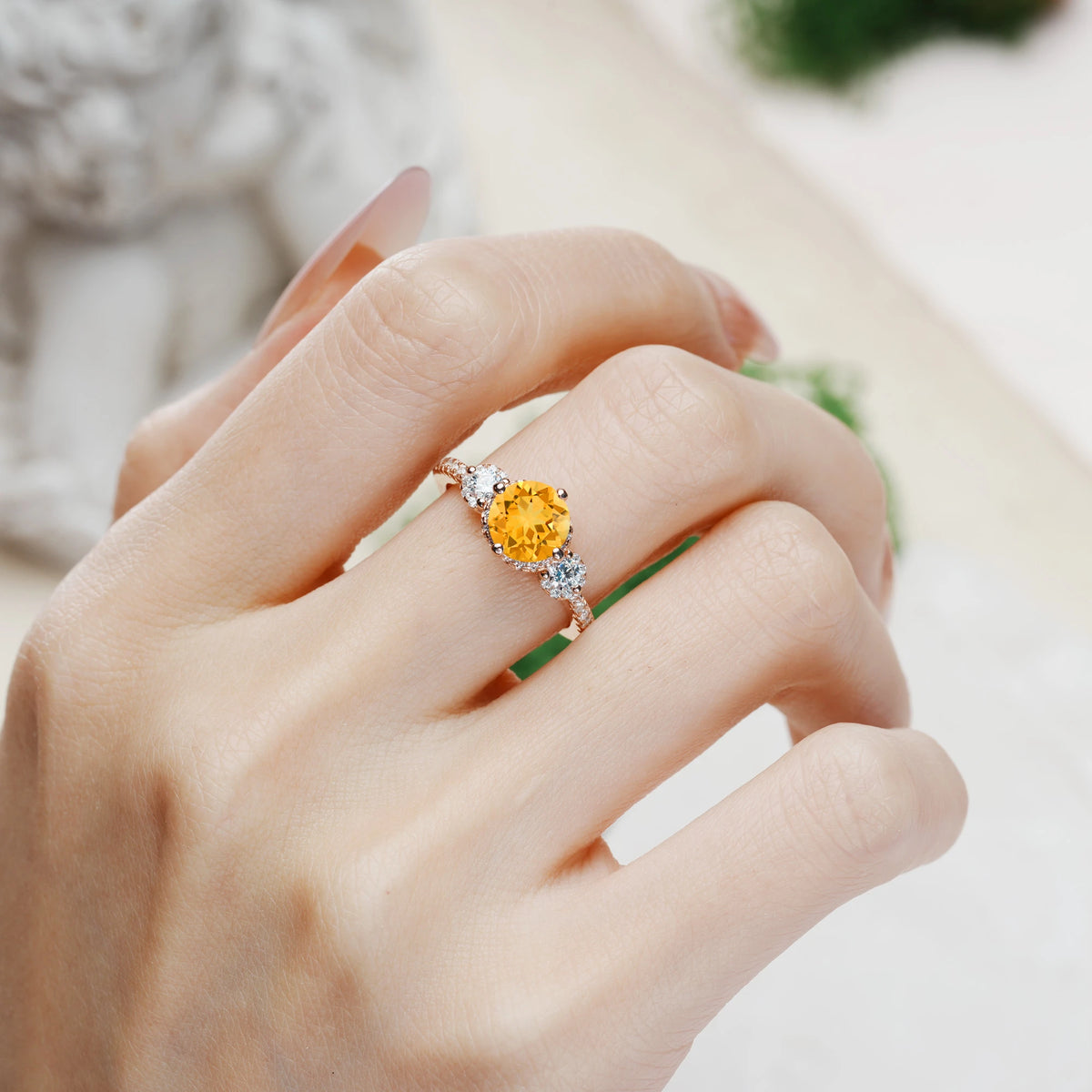 Round Cut Citrine Luxurious and Dazzling 4 Prong Engagement Ring