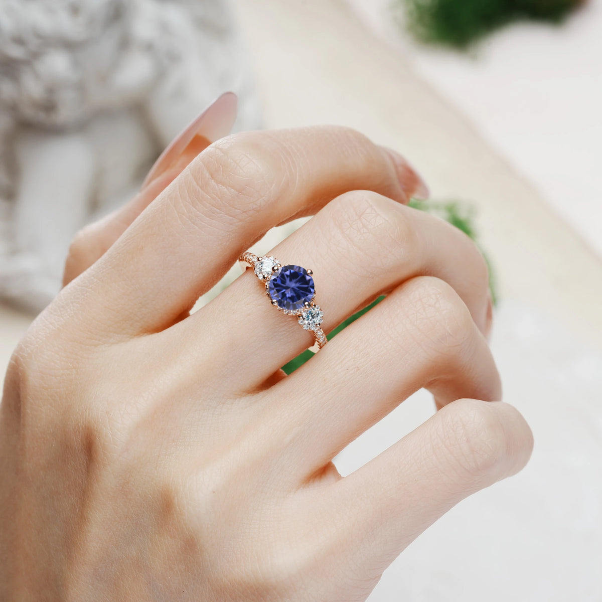 Round Cut Tanzanite Luxurious and Dazzling 4 Prong Engagement Ring