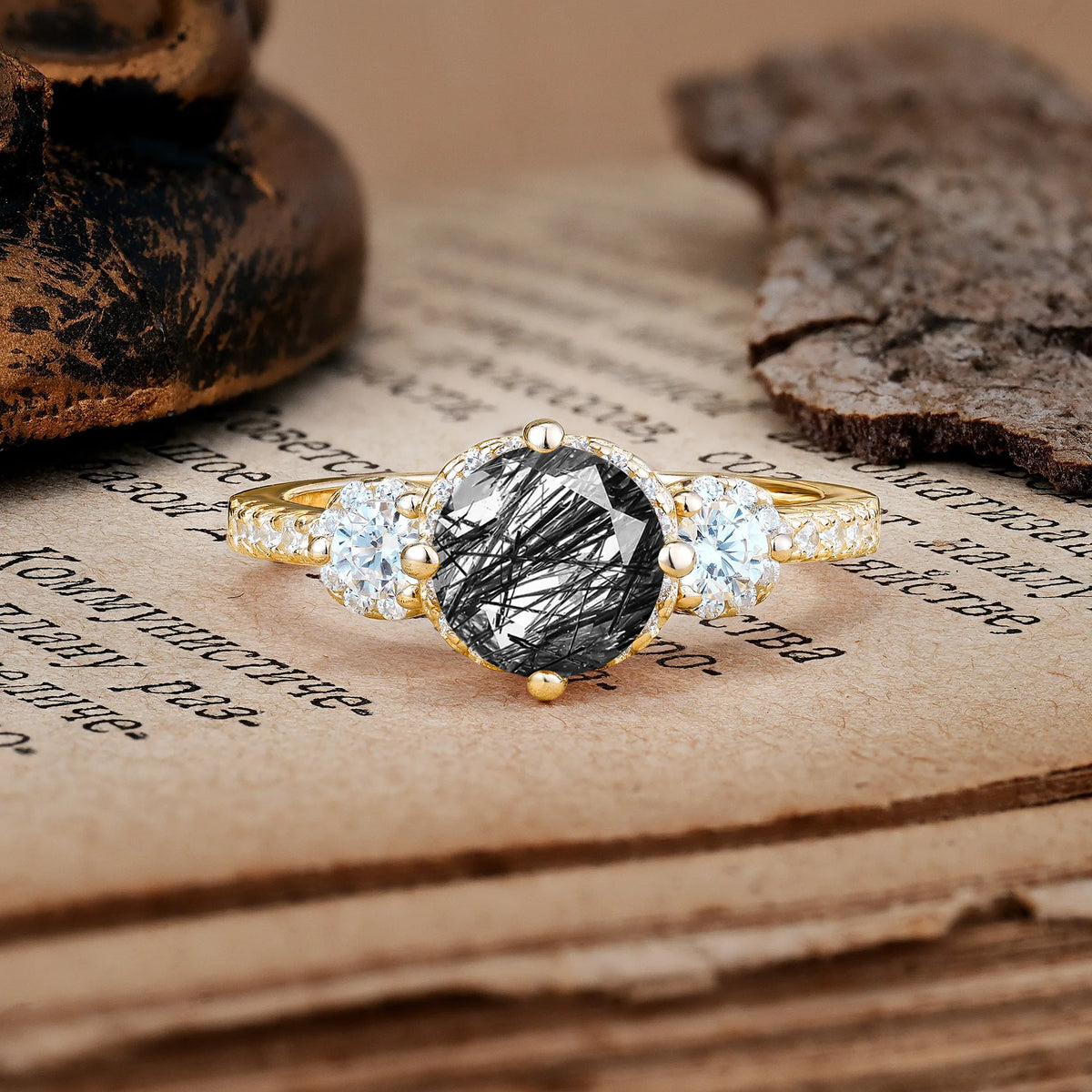 Luxurious and Dazzling 4 Prong Round Cut Black Rutilated Quartz Engagement Ring