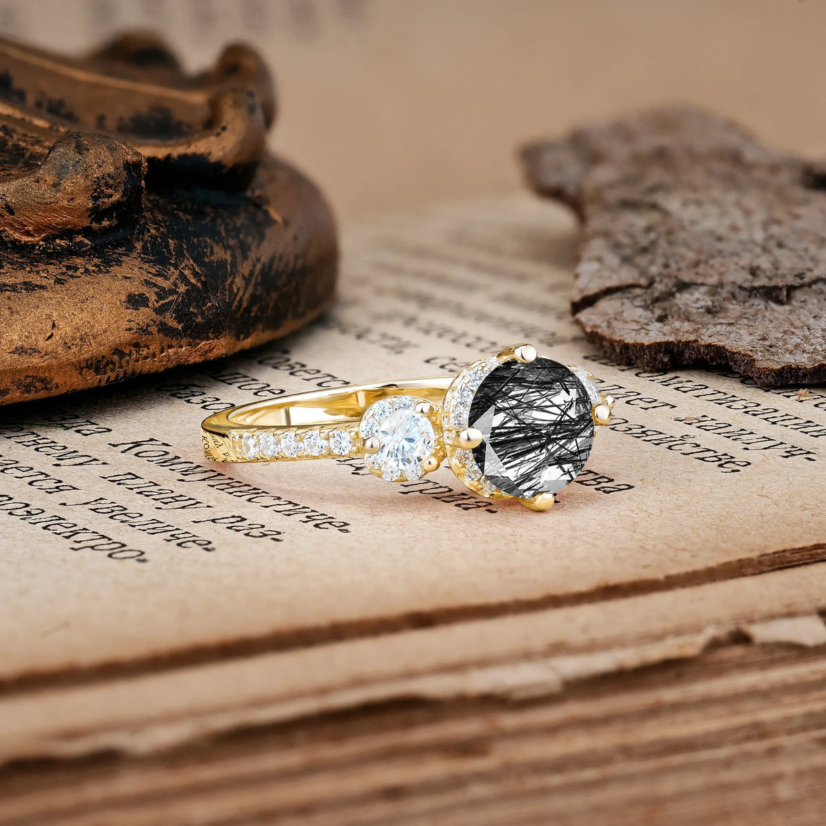 Luxurious and Dazzling 4 Prong Round Cut Black Rutilated Quartz Engagement Ring