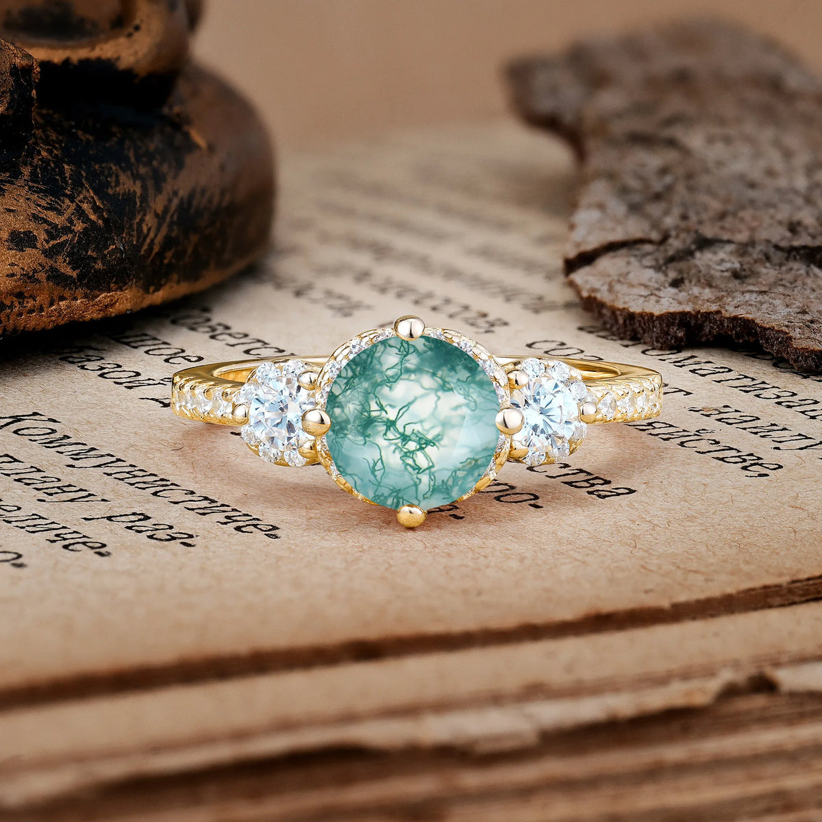 Luxurious and Dazzling 4 Prong Round Cut Moss Agate Engagement Ring