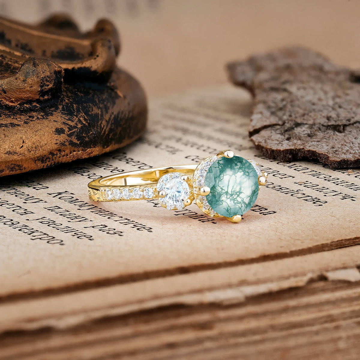 Luxurious and Dazzling 4 Prong Round Cut Moss Agate Engagement Ring