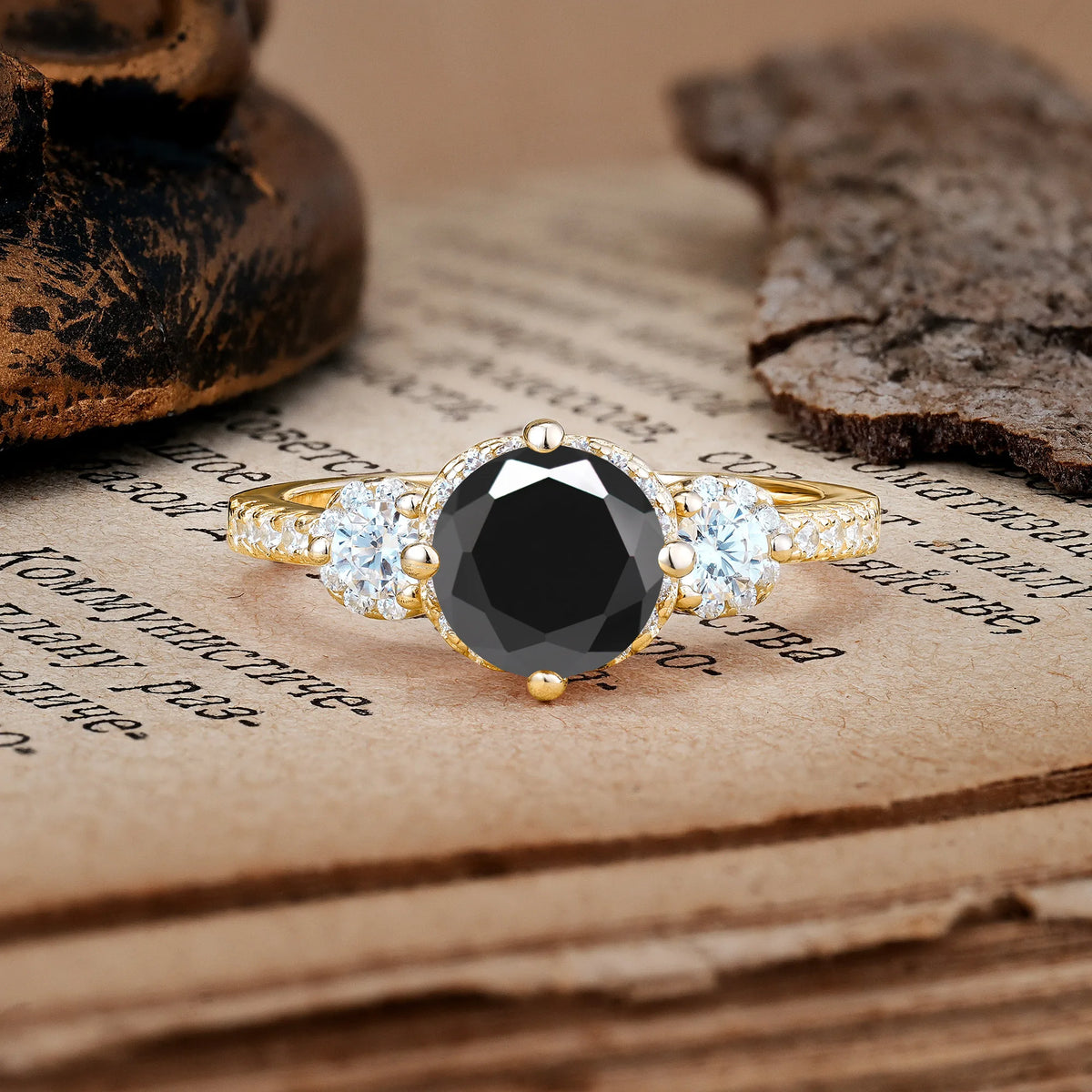 Luxurious and Dazzling 4 Prong Round Cut Black Onyx Engagement Ring