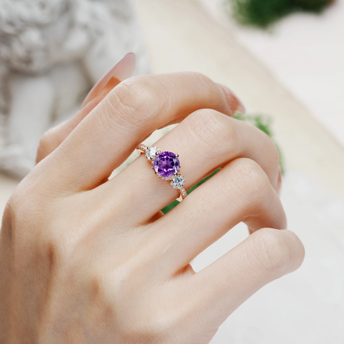 Round Cut Amethyst Luxurious and Dazzling 4 Prong Engagement Ring