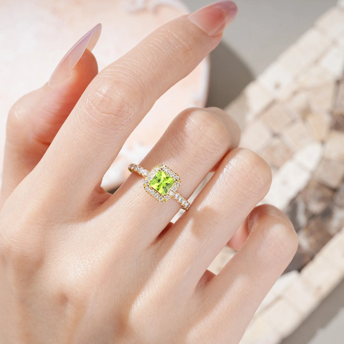 Emerald Cut Peridot Classic Vintage 4 Prong Engagement Ring