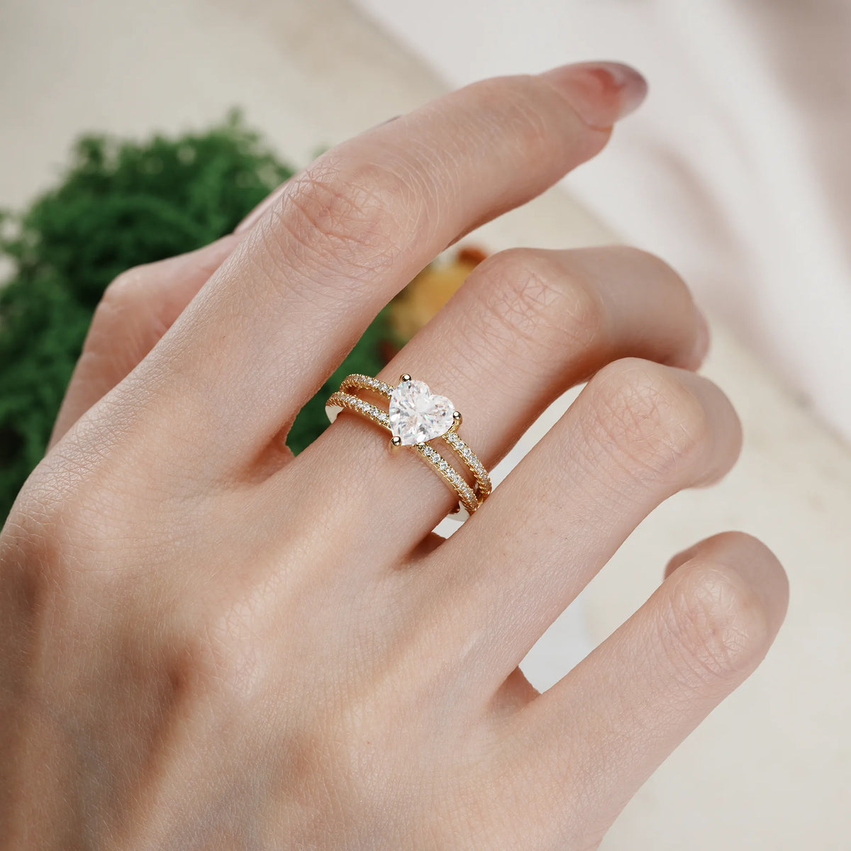 Heart Cut Moissanite Luxurious Double Row Pavé, 3 Prong Engagement Ring
