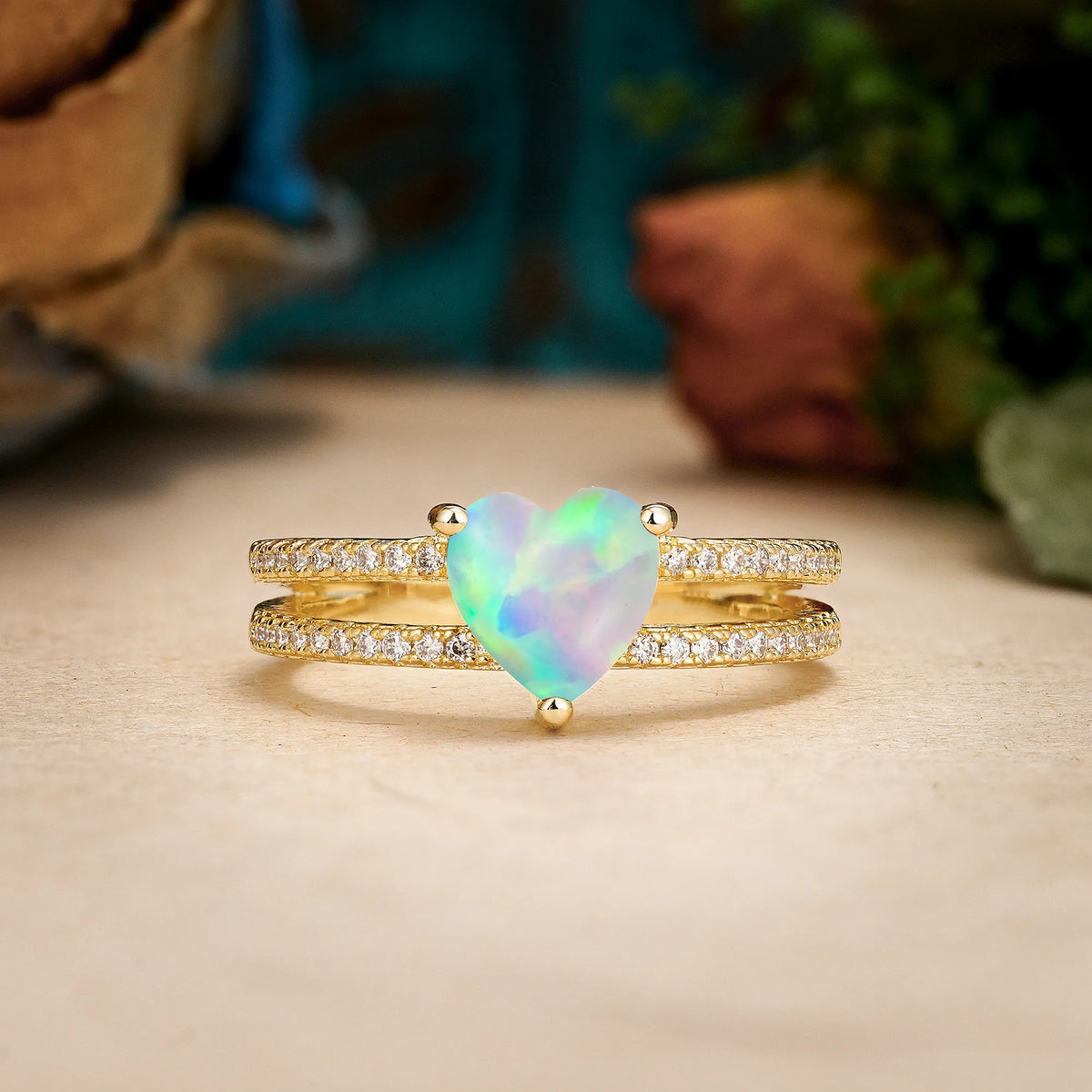 Heart Cut Fire Opal Luxurious Double Row Pavé, 3 Prong Engagement Ring