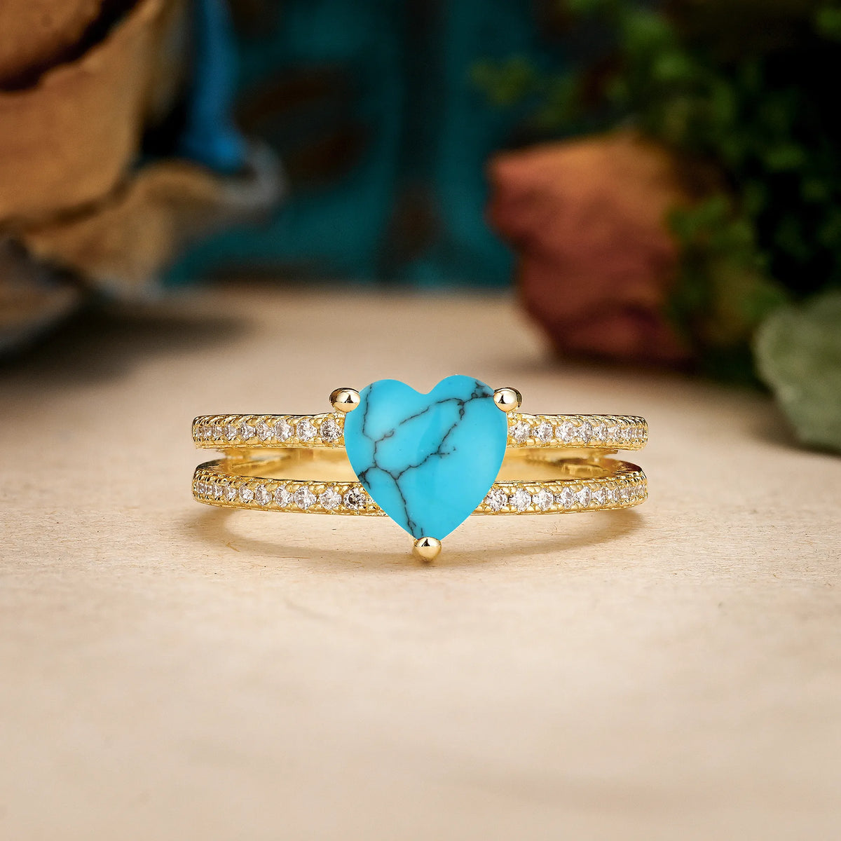 Heart Cut Turquoise Luxurious Double Row Pavé, 3 Prong Engagement Ring