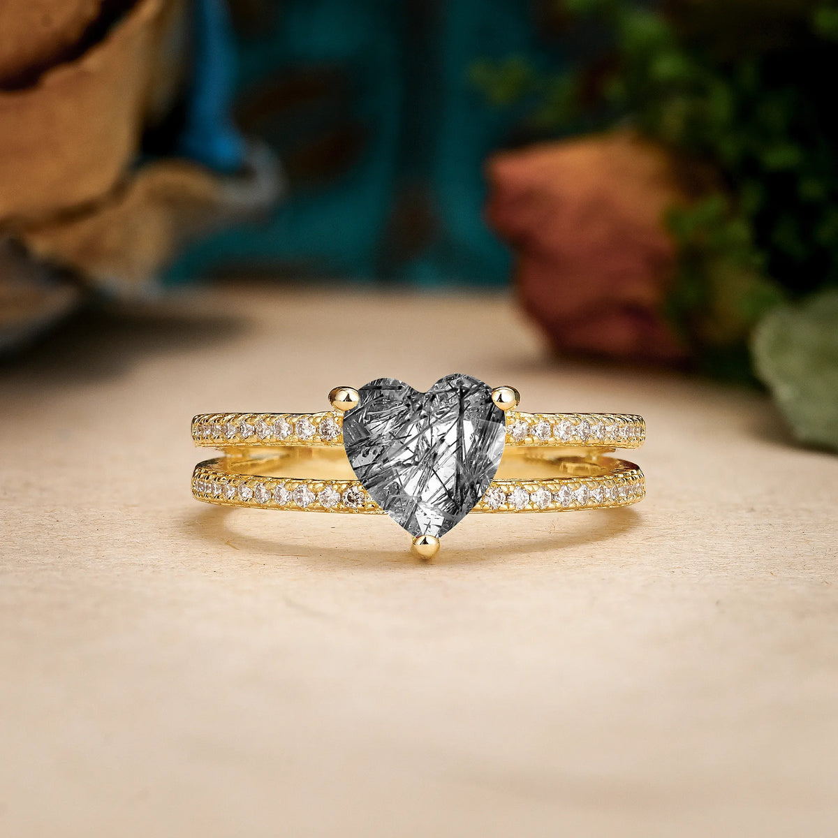 Heart Cut Black Rutilated Quartz Luxurious Double Row Pavé, 3 Prong Engagement Ring