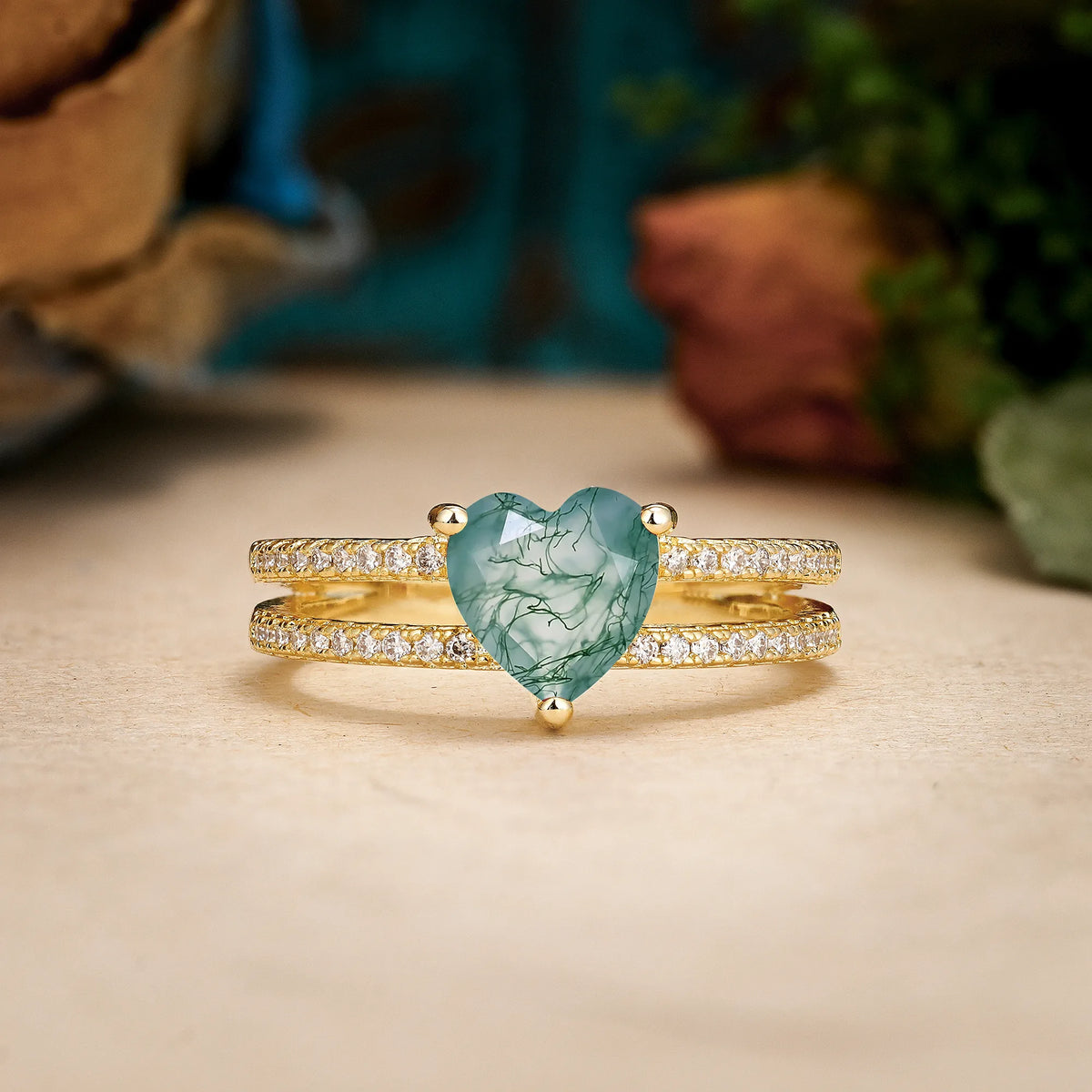 Heart Cut Moss Agate Luxurious Double Row Pavé, 3 Prong Engagement Ring