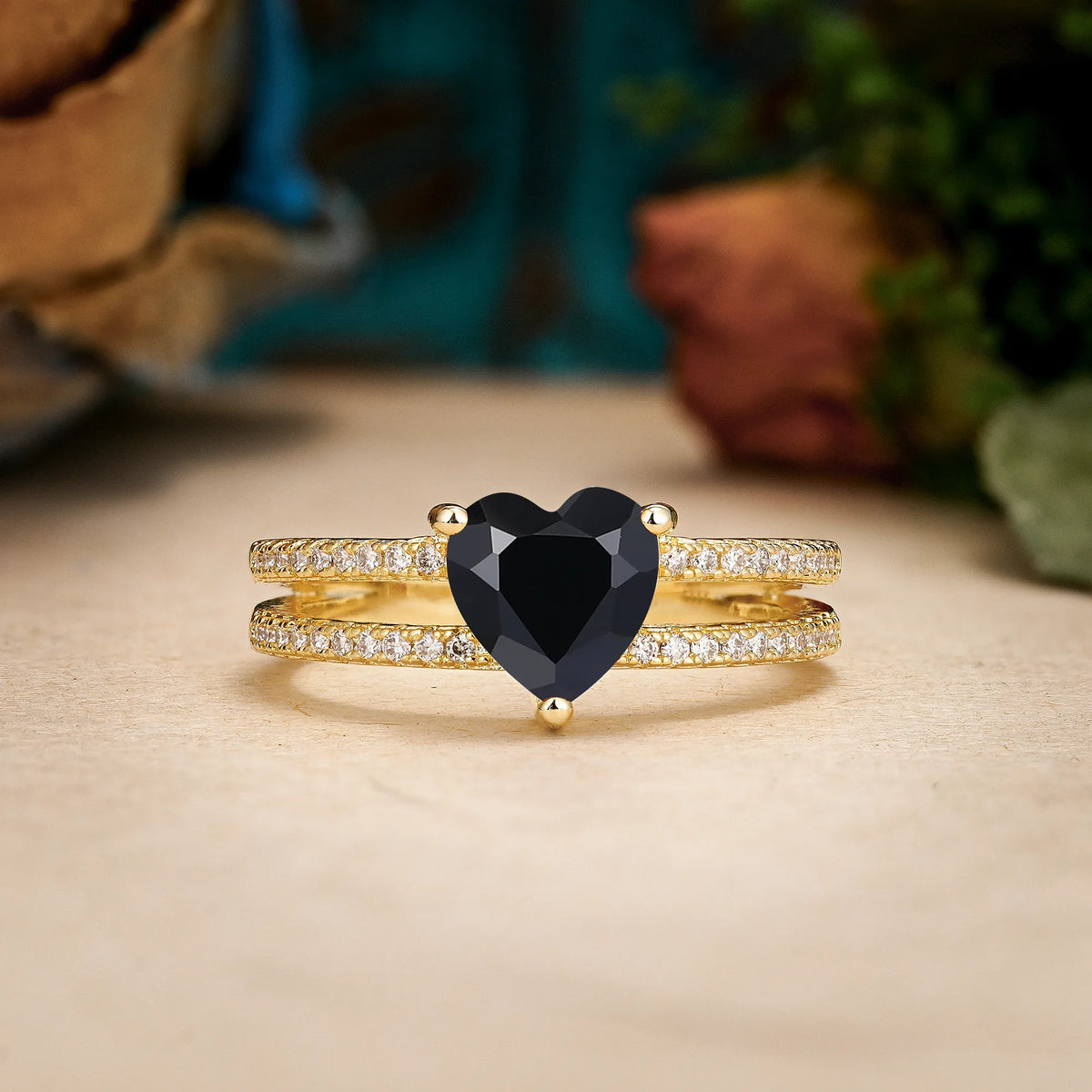Heart Cut Black Onyx Luxurious Double Row Pavé, 3 Prong Engagement Ring