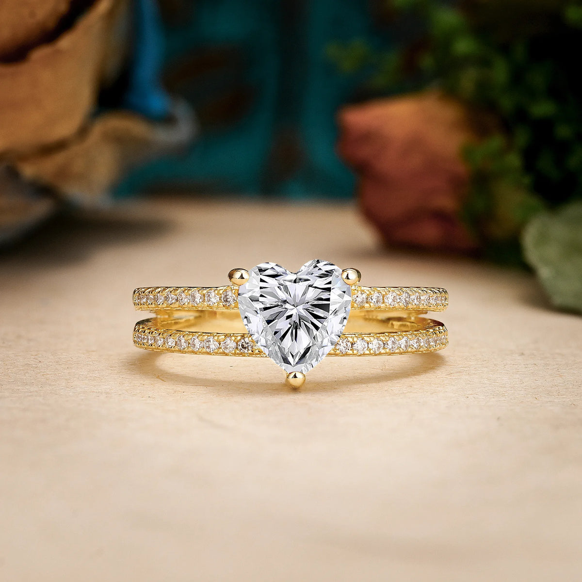 Heart Cut Lab Diamond Luxurious Double Row Pavé, 3 Prong Engagement Ring