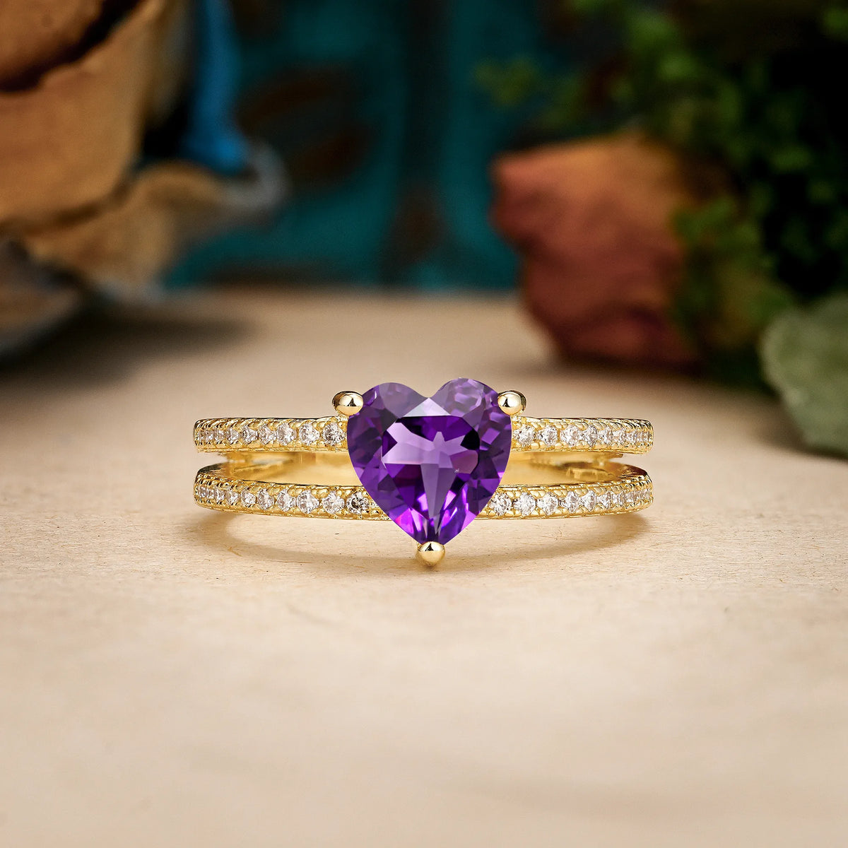 Heart Cut Amethyst Luxurious Double Row Pavé, 3 Prong Engagement Ring
