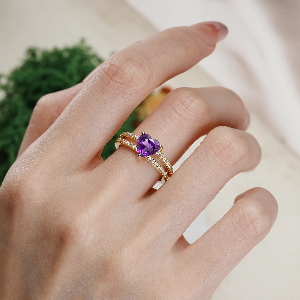 Heart Cut Amethyst Luxurious Double Row Pavé, 3 Prong Engagement Ring