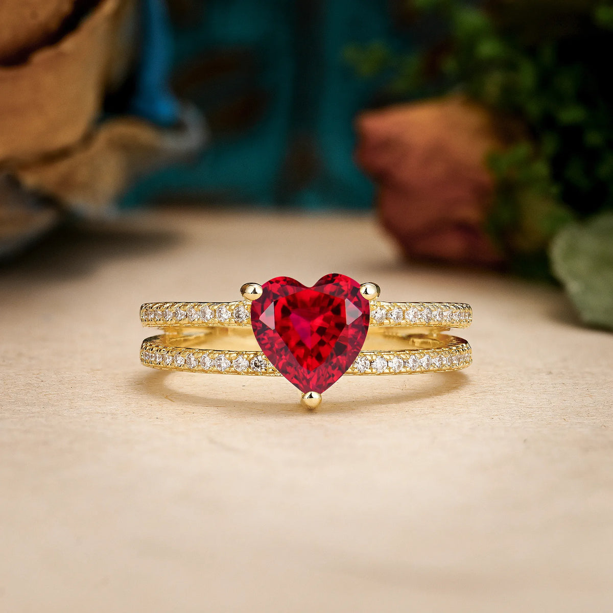 Heart Cut Ruby Luxurious Double Row Pavé, 3 Prong Engagement Ring