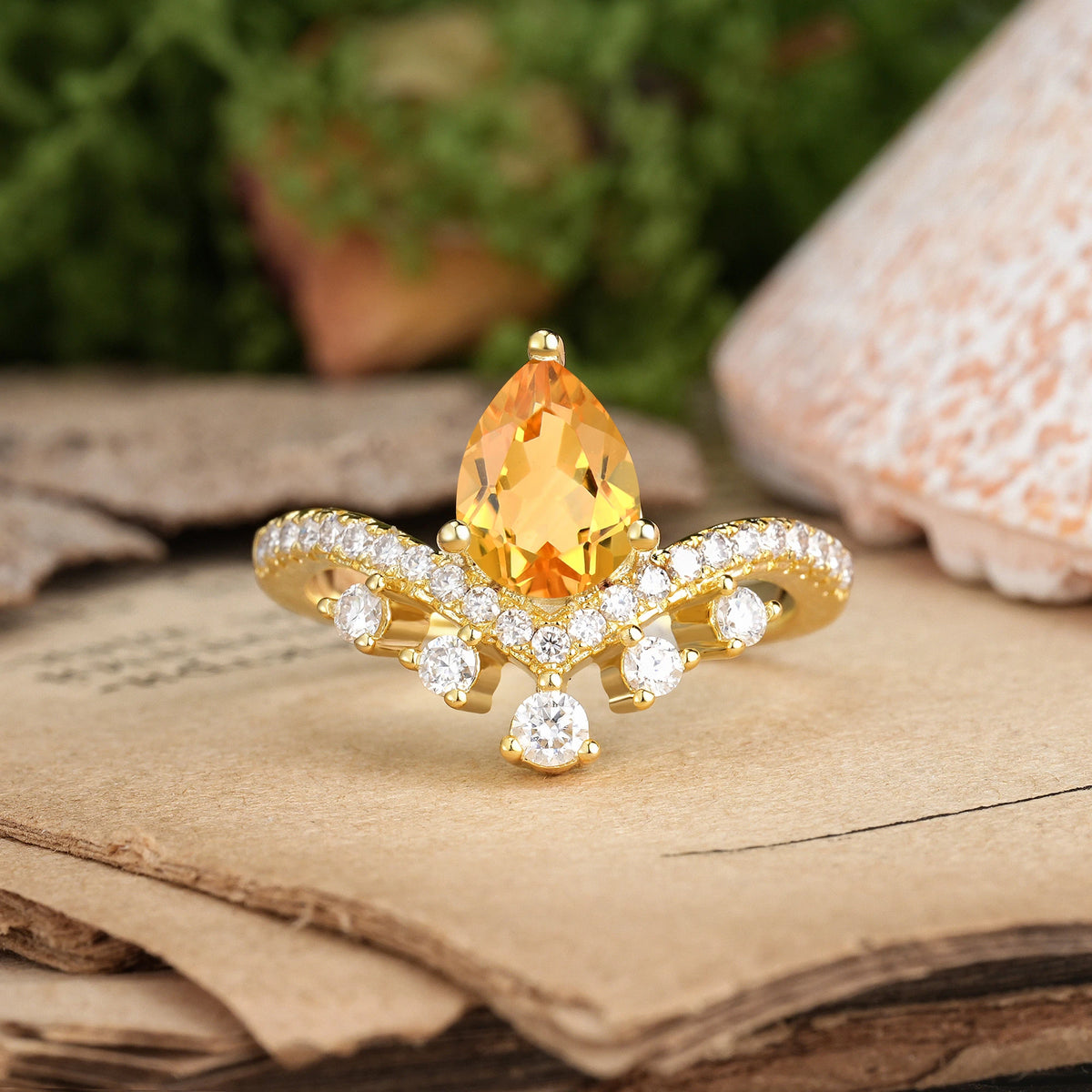 Pear Cut Citrine Luxurious and Unique Crown Style 3 Prong Engagement Ring