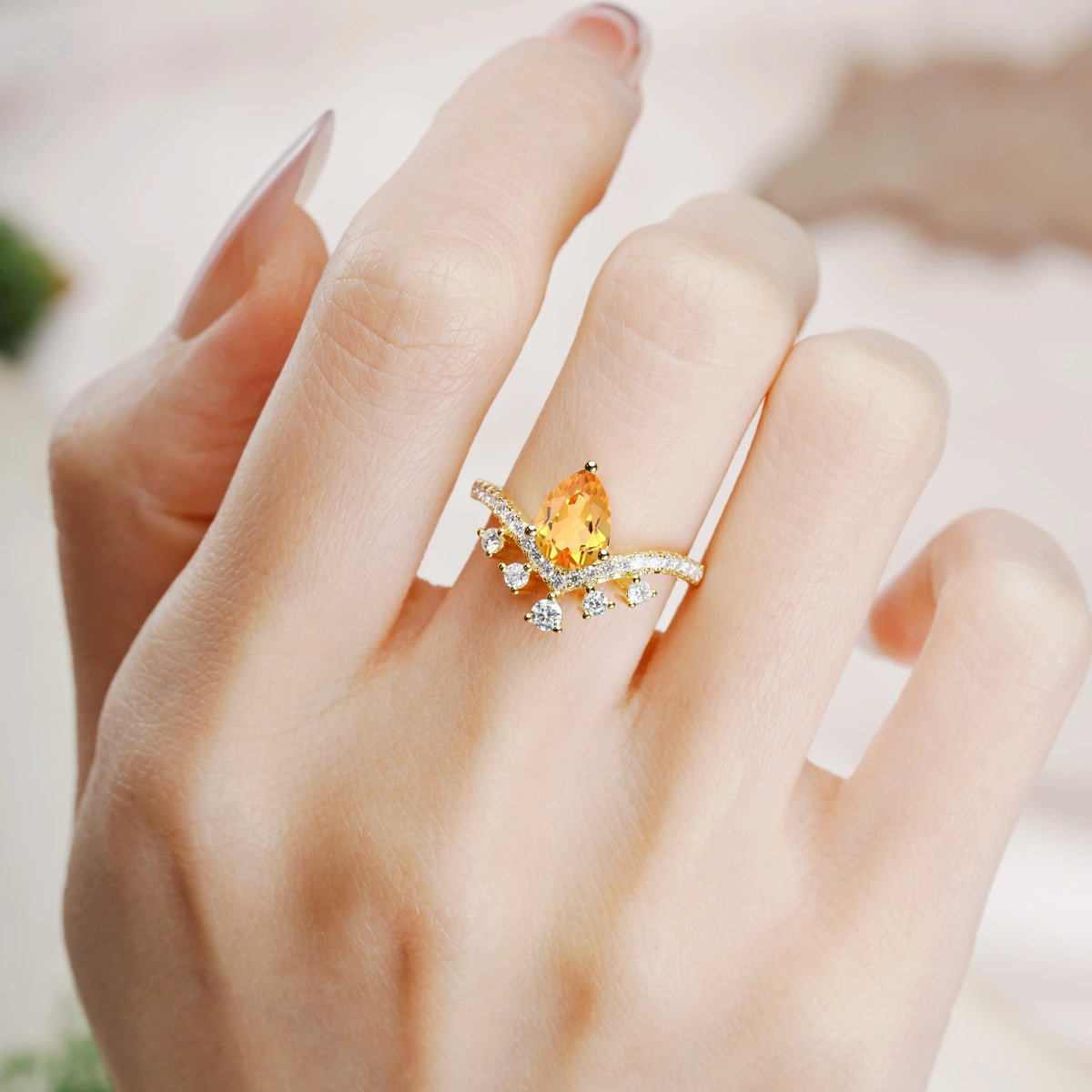 Pear Cut Citrine Luxurious and Unique Crown Style 3 Prong Engagement Ring