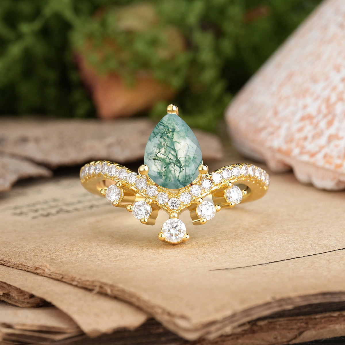 Pear Cut Moss Agate Luxurious and Unique Crown Style 3 Prong Engagement Ring