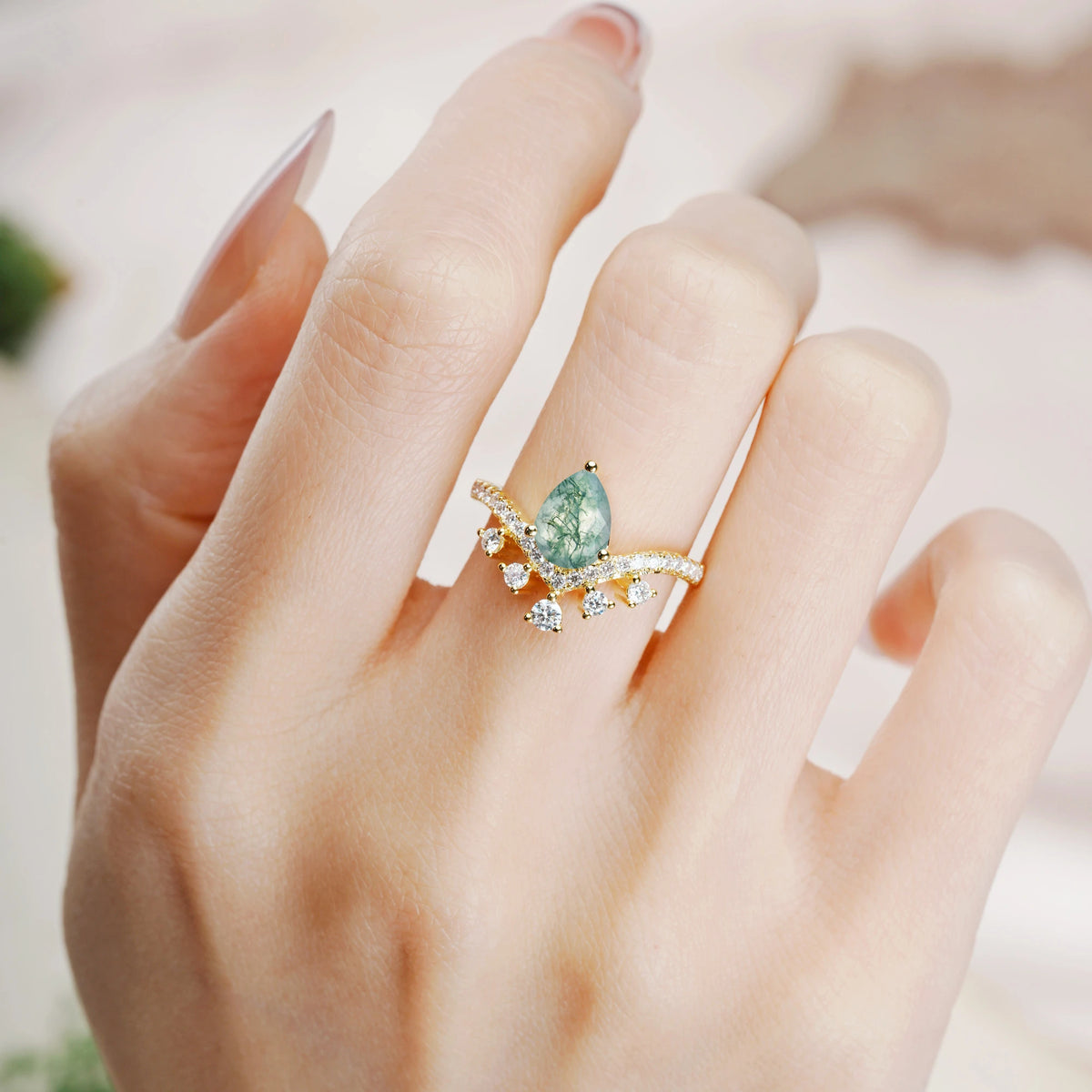 Pear Cut Moss Agate Luxurious and Unique Crown Style 3 Prong Engagement Ring