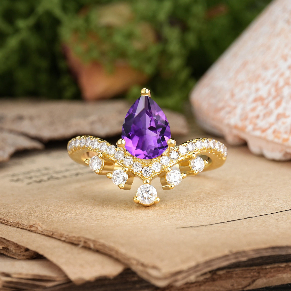 Pear Cut Amethyst Luxurious and Unique Crown Style 3 Prong Engagement Ring
