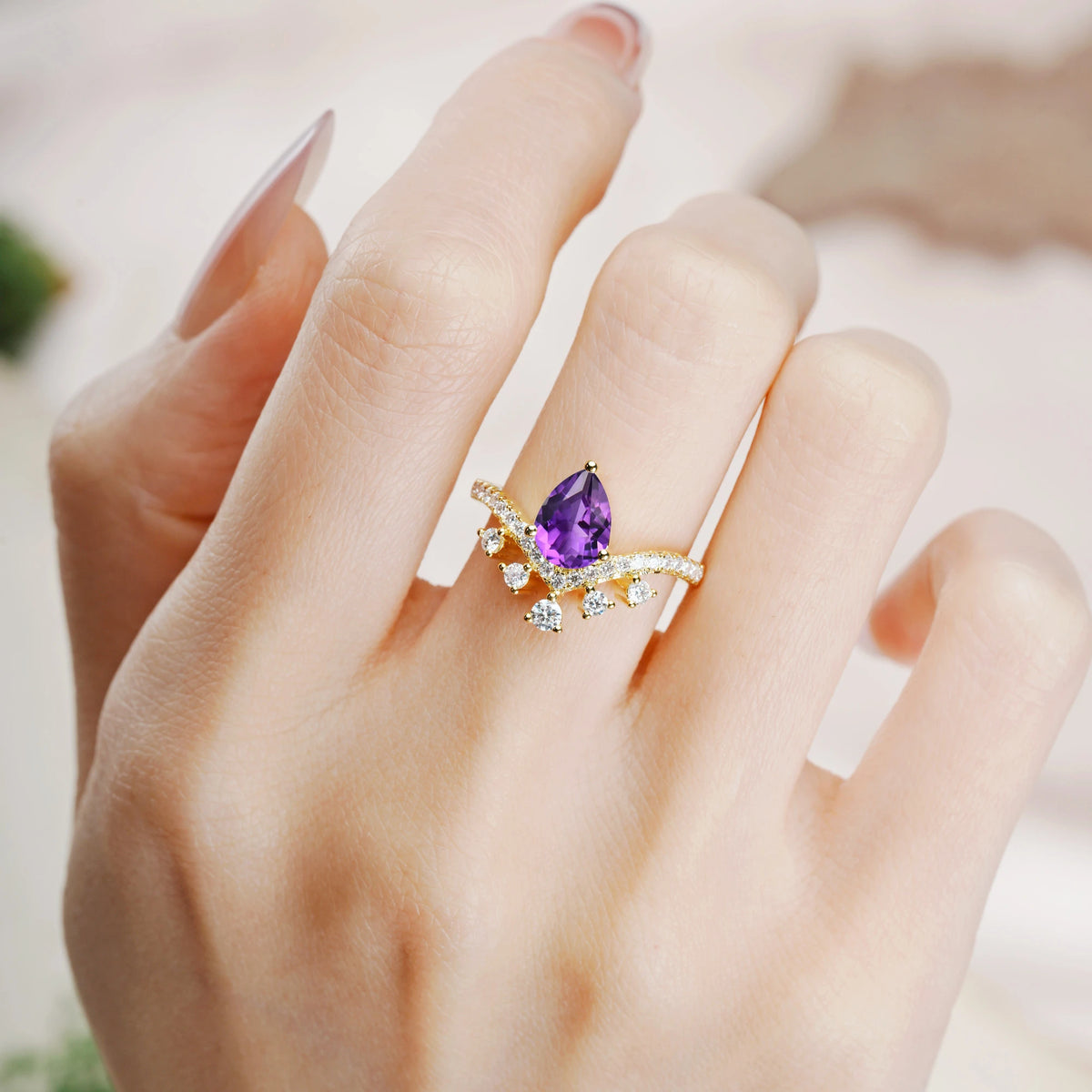 Pear Cut Amethyst Luxurious and Unique Crown Style 3 Prong Engagement Ring