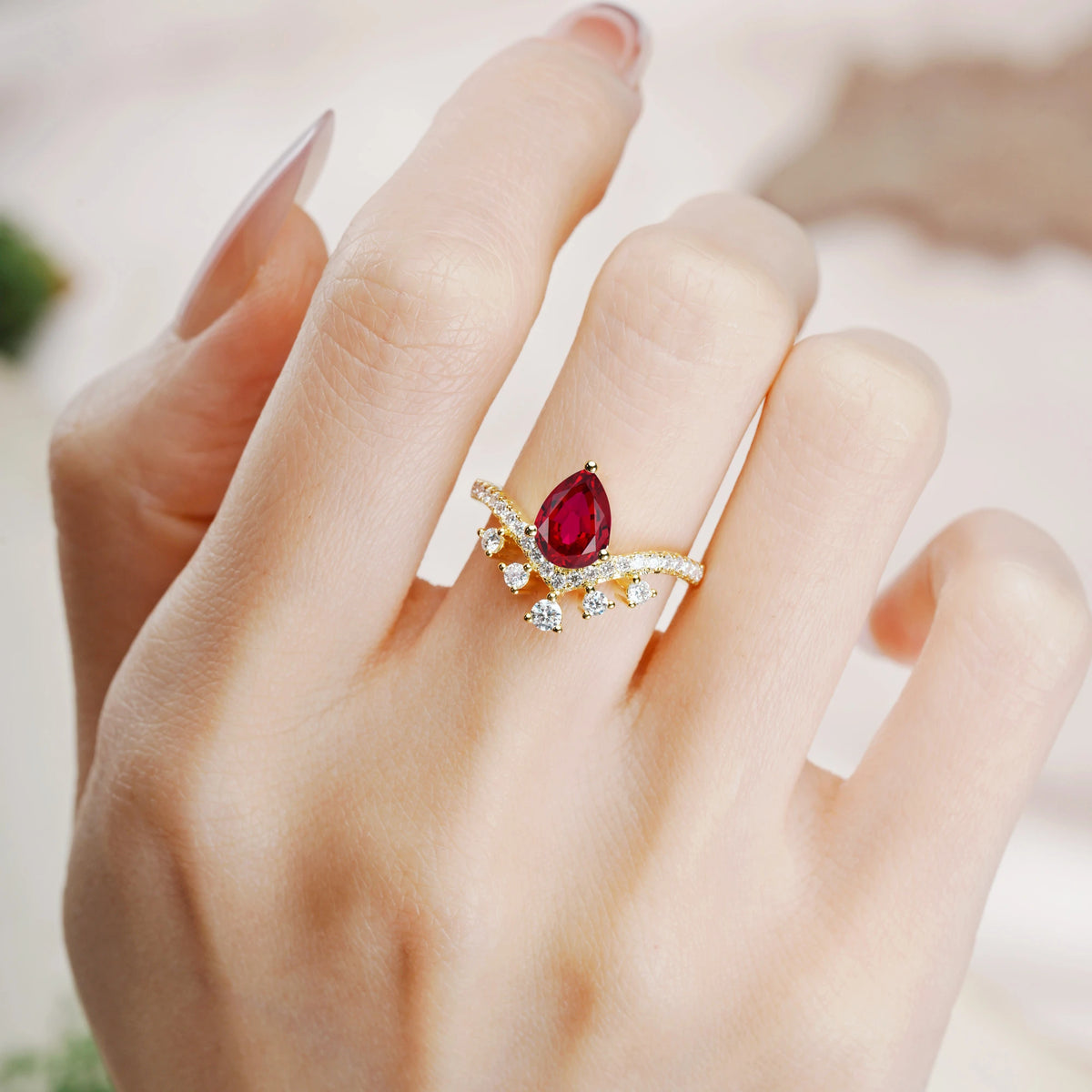 Pear Cut Ruby Luxurious and Unique Crown Style 3 Prong Engagement Ring