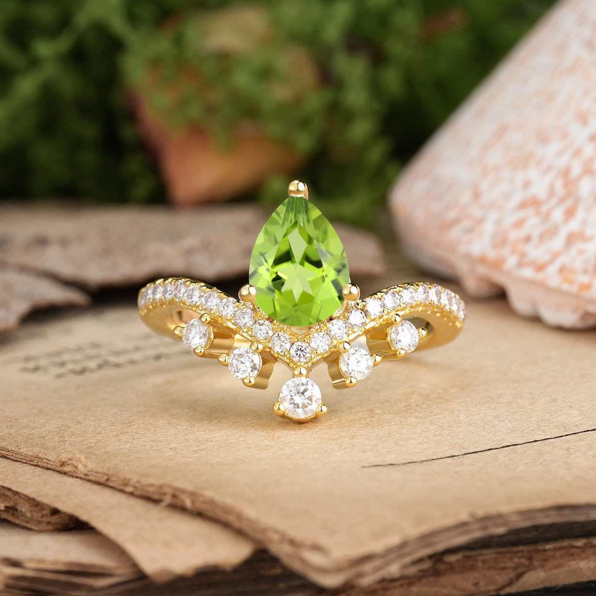Pear Cut Peridot Luxurious and Unique Crown Style 3 Prong Engagement Ring