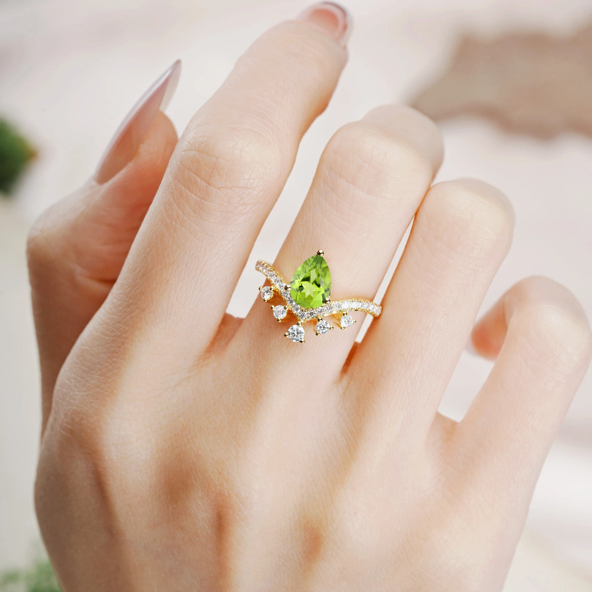 Pear Cut Peridot Luxurious and Unique Crown Style 3 Prong Engagement Ring