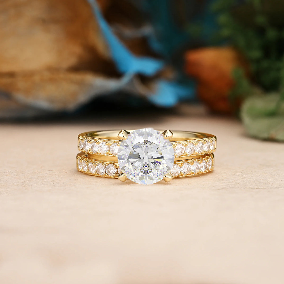 Round Cut Moissanite Luxurious and Dazzling 4 Prong Bridal Ring Set