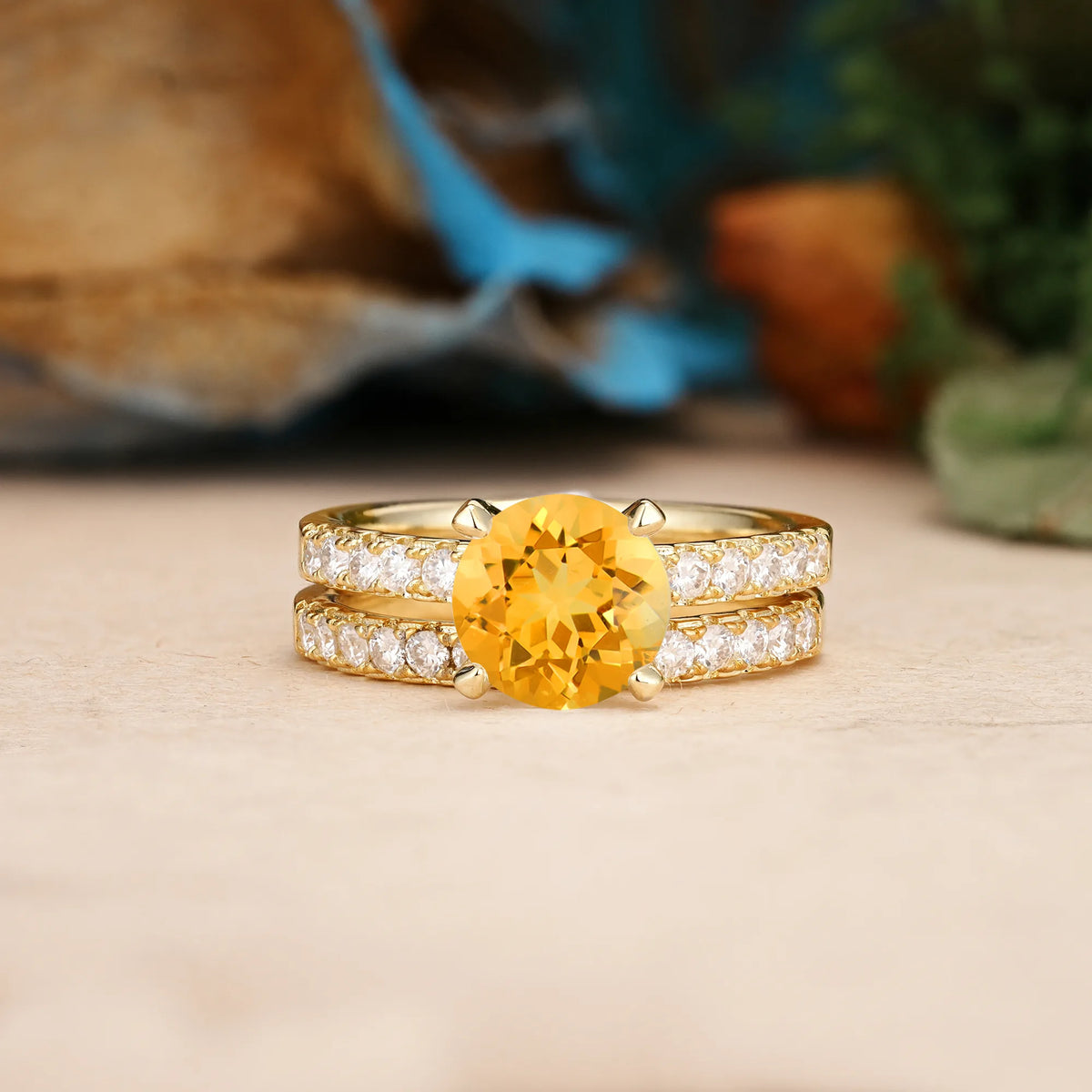 Round Cut Citrine Luxurious and Dazzling 4 Prong Bridal Ring Set