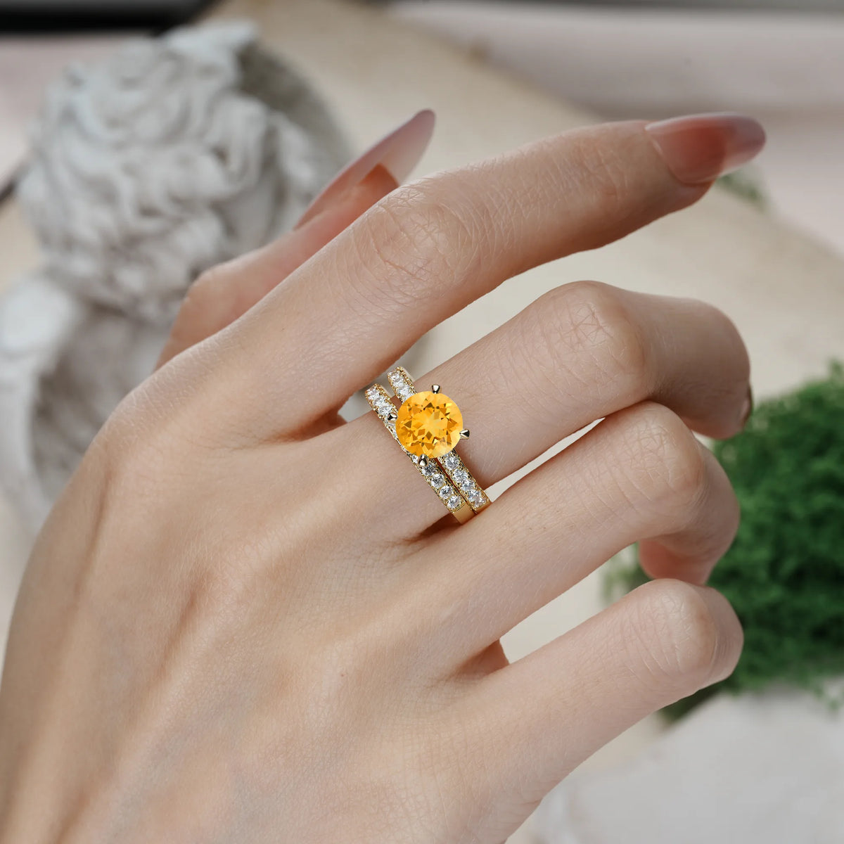 Round Cut Citrine Luxurious and Dazzling 4 Prong Bridal Ring Set