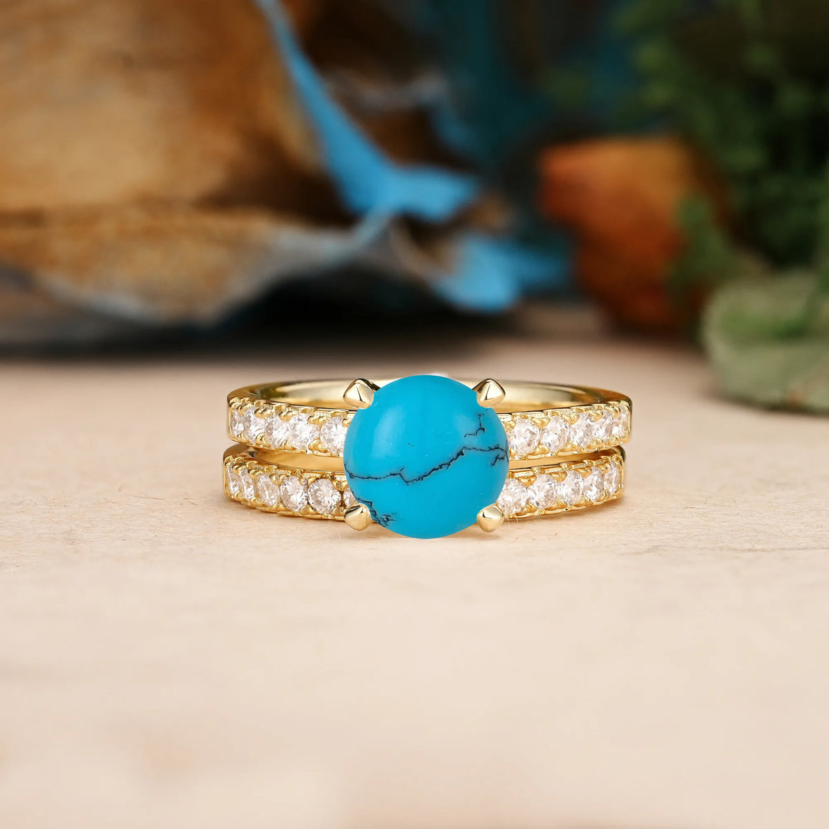 Round Cut Turquoise Luxurious and Dazzling 4 Prong Bridal Ring Set