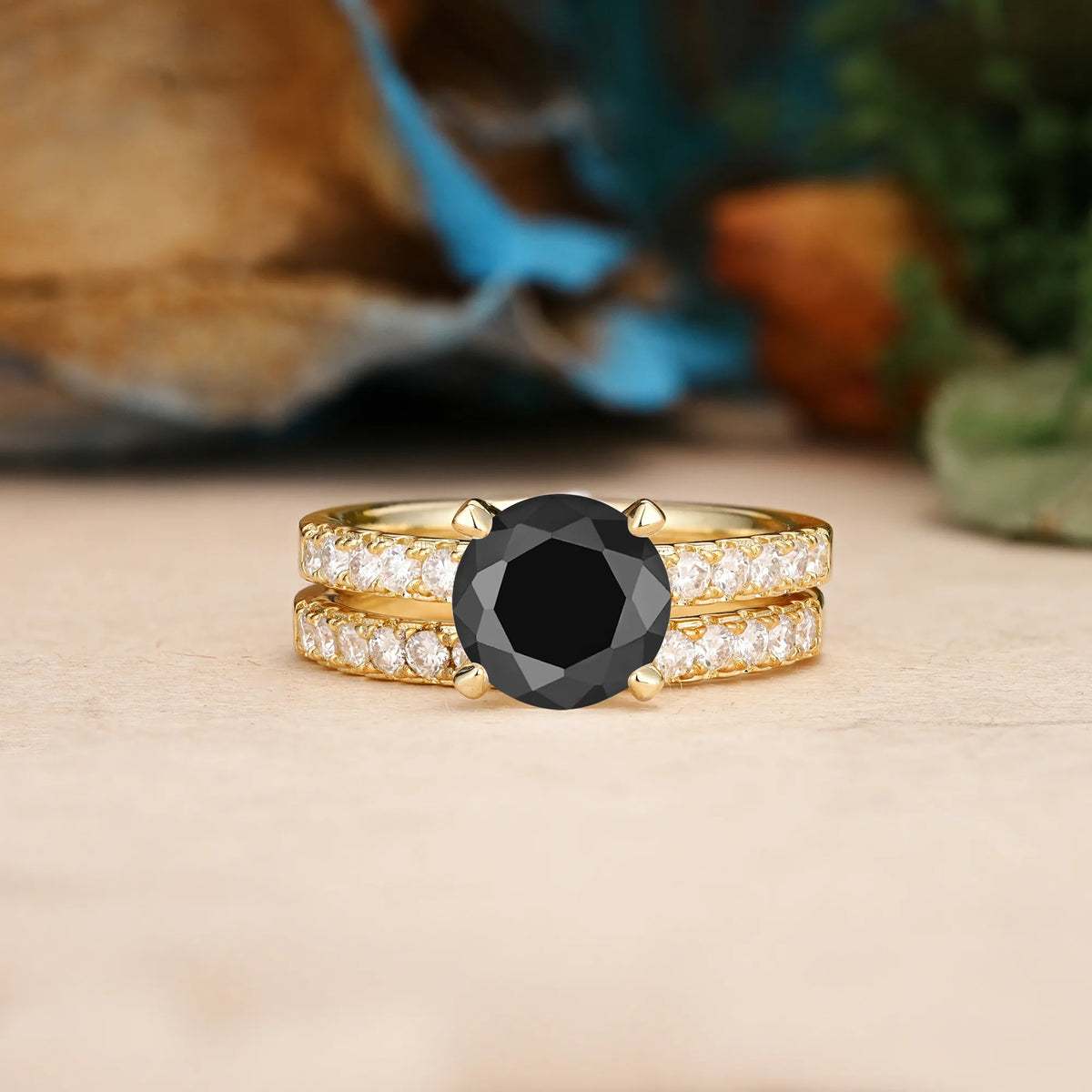 Round Cut Black Onyx Luxurious and Dazzling 4 Prong Bridal Ring Set
