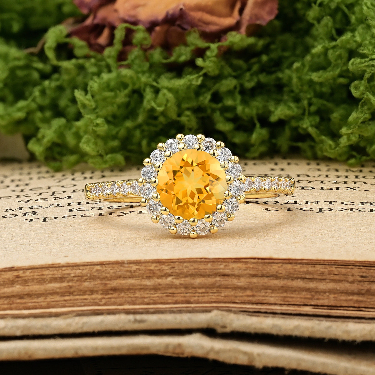 Round Cut Citrine Luxurious and Unique 16 Prong Engagement Ring