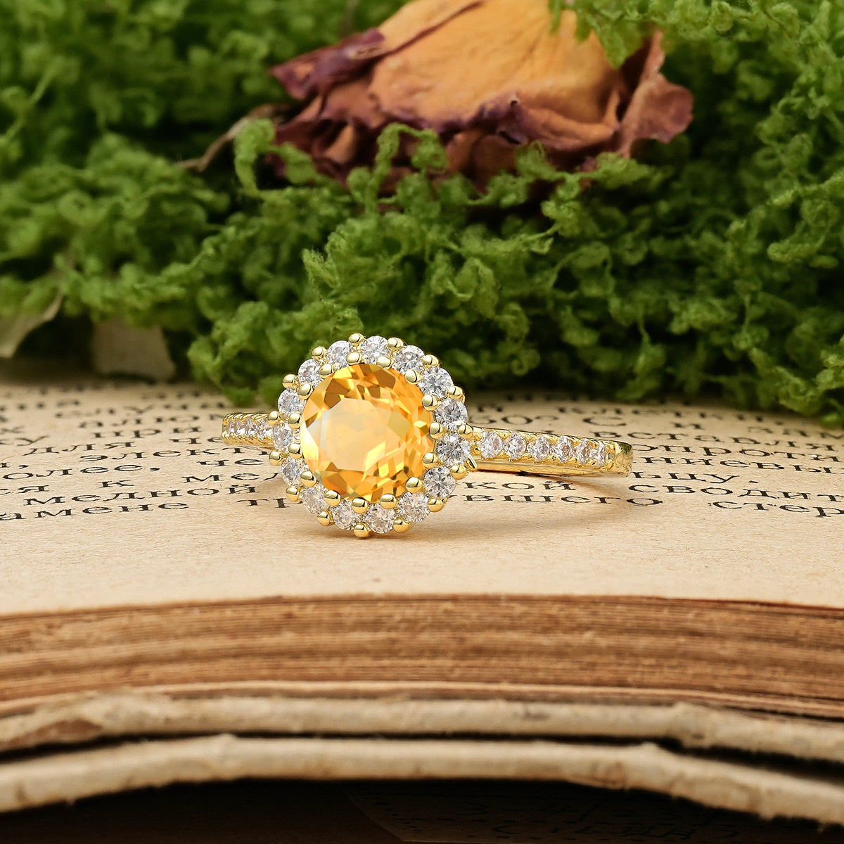 Round Cut Citrine Luxurious and Unique 16 Prong Engagement Ring
