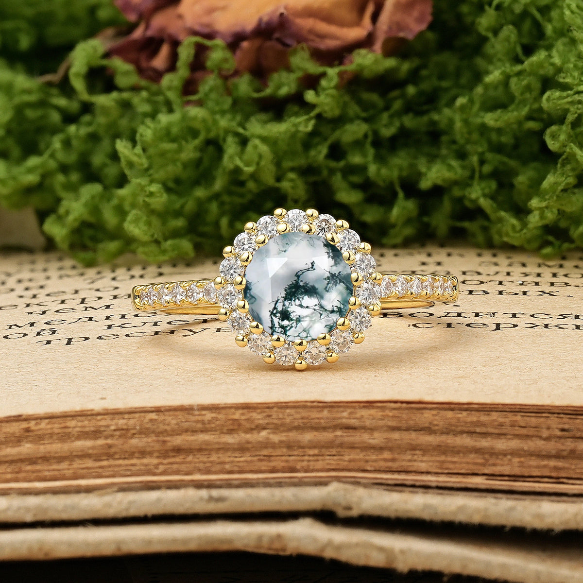 Round Cut Moss Agate Luxurious and Unique 16 Prong Engagement Ring