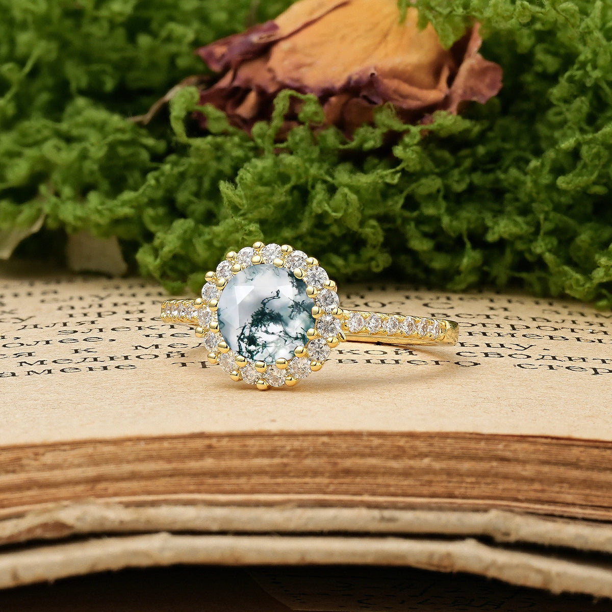 Round Cut Moss Agate Luxurious and Unique 16 Prong Engagement Ring