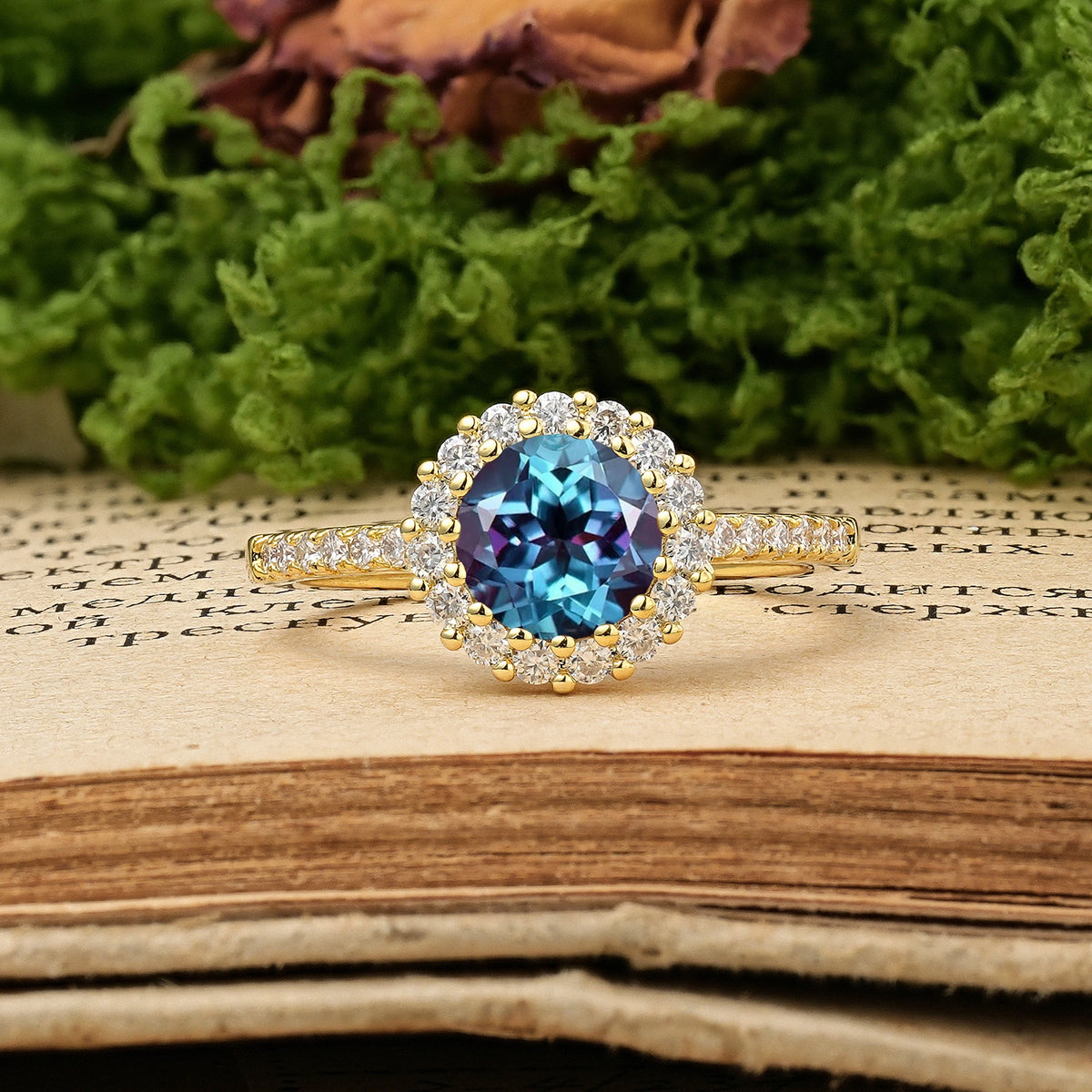 Round Cut Alexandrite Luxurious and Unique 16 Prong Engagement Ring