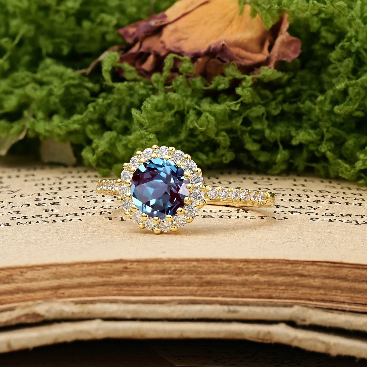Round Cut Alexandrite Luxurious and Unique 16 Prong Engagement Ring