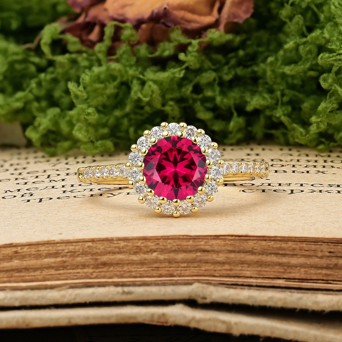 Round Cut Ruby Luxurious and Unique 16 Prong Engagement Ring