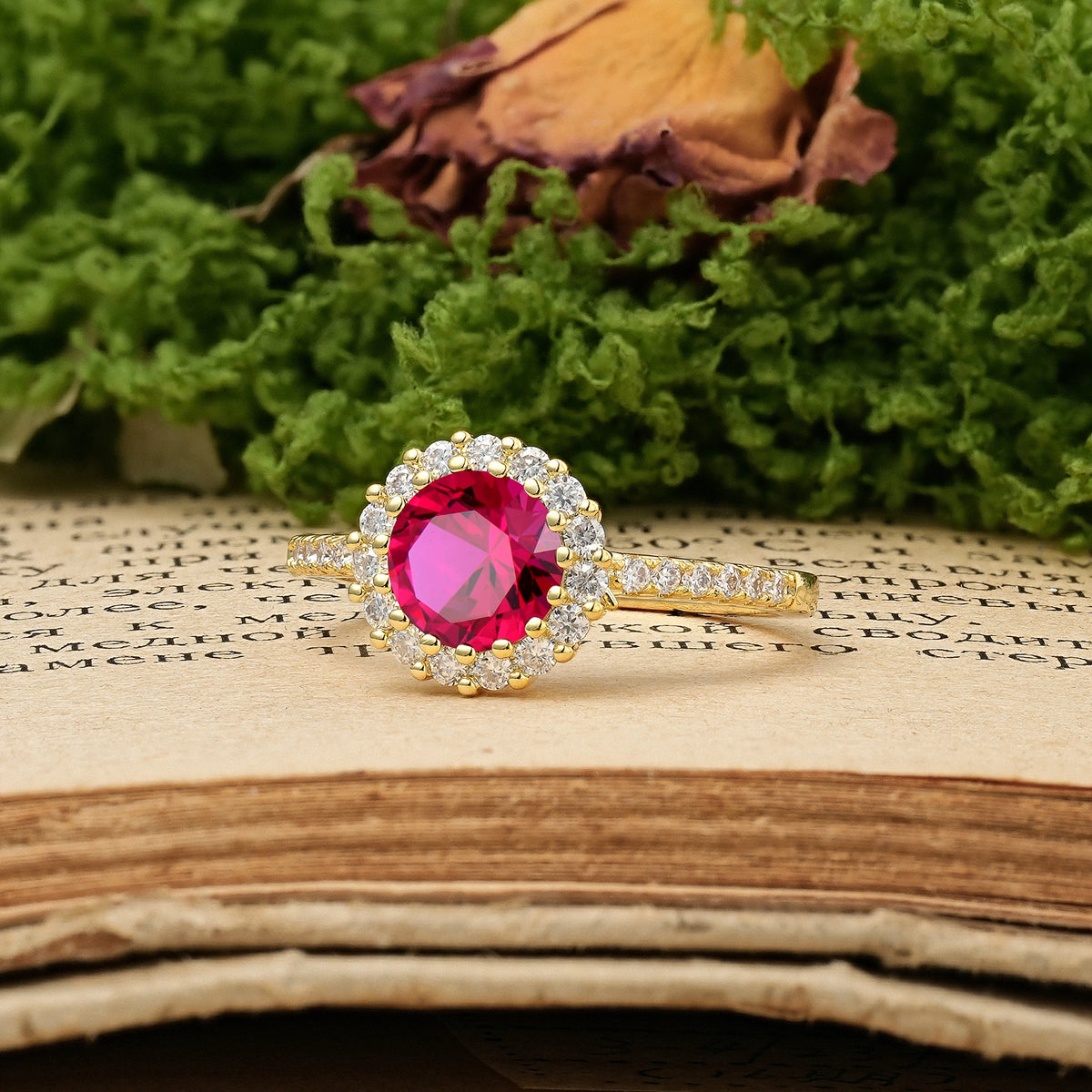 Round Cut Ruby Luxurious and Unique 16 Prong Engagement Ring