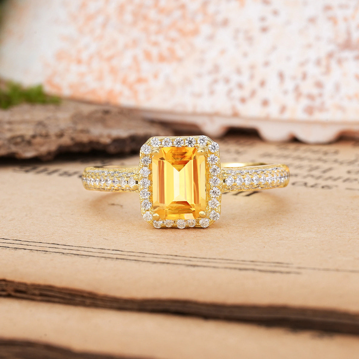 Emerald Cut Citrine Luxurious Vintage 4 Prong Engagement Ring