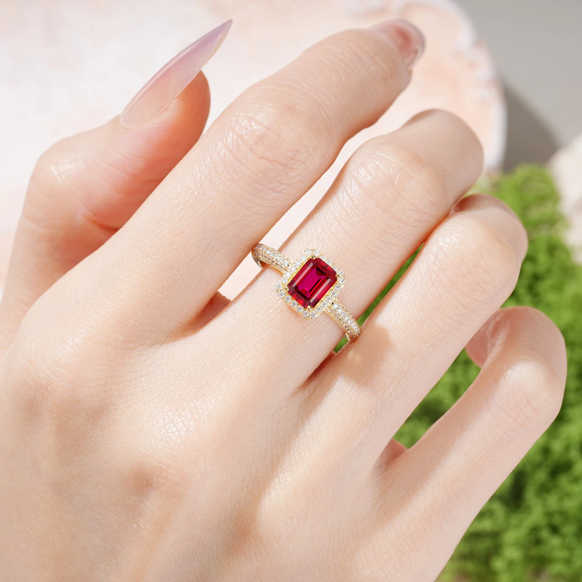 Emerald Cut Ruby Luxurious Vintage 4 Prong Engagement Ring