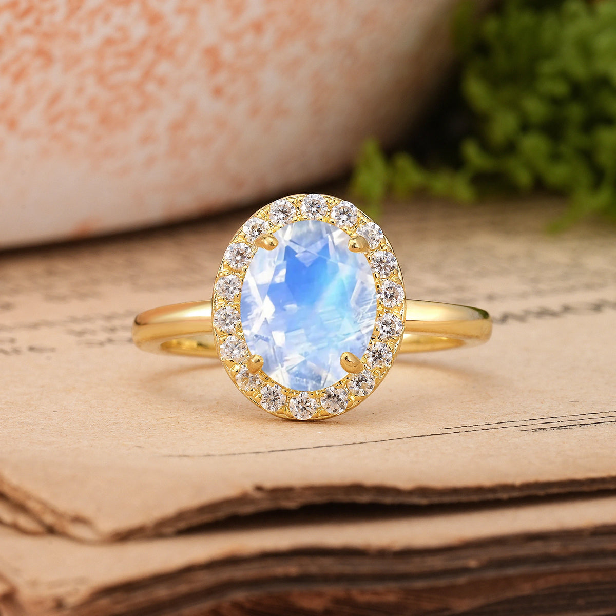 Oval Cut Moonstone Luxurious and Unique 4-Prong Engagement Ring