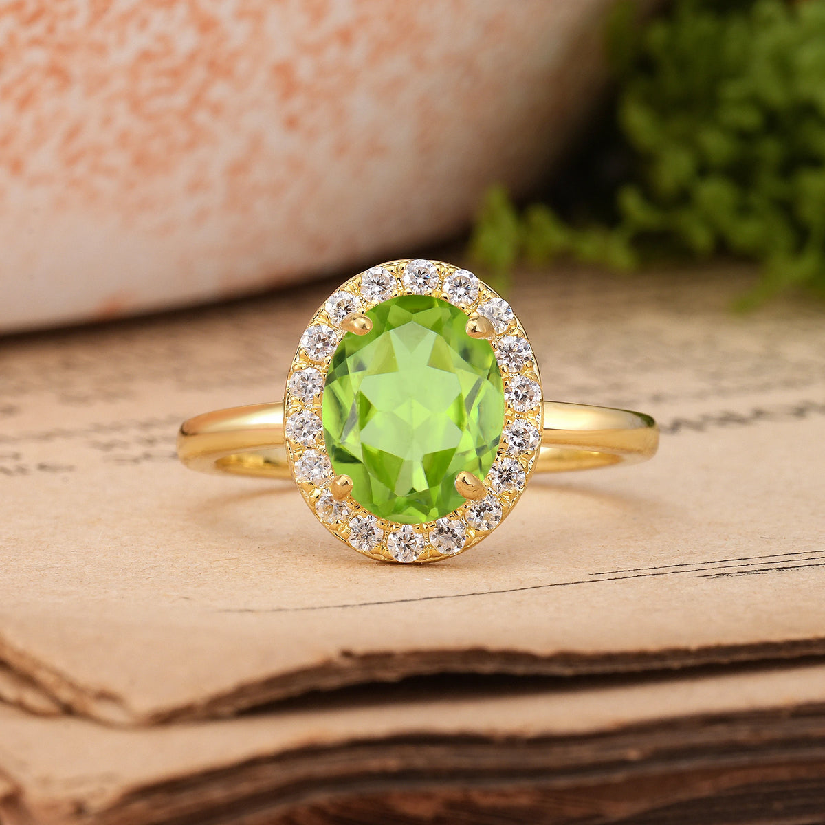 Oval Cut Peridot Luxurious and Unique 4-Prong Engagement Ring